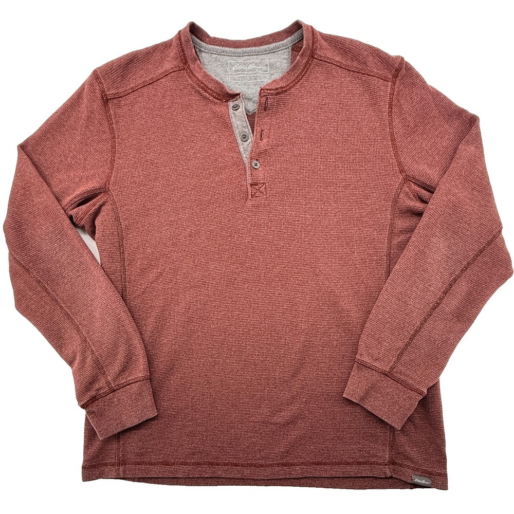 Eddie Bauer Mens Large Waffle Knit Henley Shirt Long Sleeve Red Casual